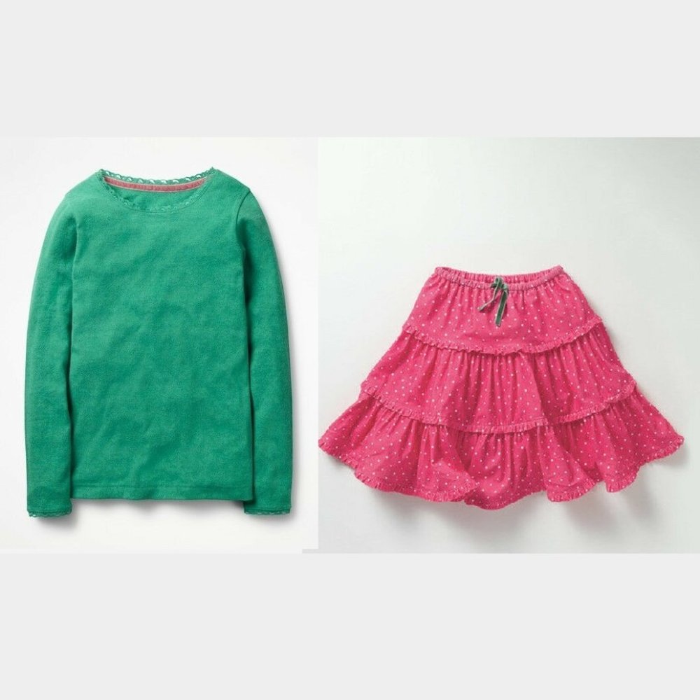 NEW MINI BODEN 2pc Outfit Set Pointelle Tee and Pink Twirly Frill Skirt